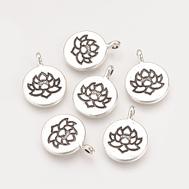Tibetan Style Alloy Pendants, Flat Round with Lotus, Cadmium Free & Lead Free,