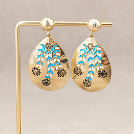 Alloy Enamel Stud Dangle Earrings for Women, Teardrop with Flower & Leaf Pattern