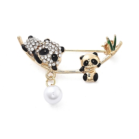 Double Panda Alloy Enamel Brooch, with Rhinestone and ABS Imitation Pearl