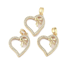 Valentine's Day Heart with Bowknot Charms Rack Plating Brass Micro Pave Clear Cubic Zirconia Pendants, Long-Lasting Plated, Cadmium Free & Lead Free