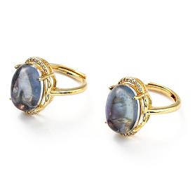 Adjustable Natural Fluorite Finger Rings, with Brass Micro Pave Cubic Zirconia Findings, Oval