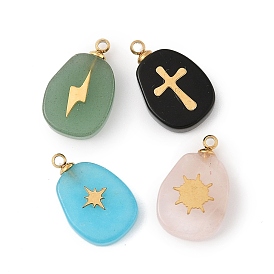 Природных драгоценных камней подвески, с 304 фурнитурой из нержавеющей стали, вакуумное покрытие pvd, овальный шарм