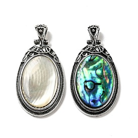 Natural Paua Shell Big Pendants, Antique Silver Plated Alloy Oval Charms