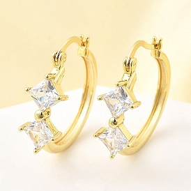 Серьги-кольца с ромбами из латуни с микропаве из прозрачных кубических цирконий, без свинца и без кадмия, долговечный, стойки покрытие