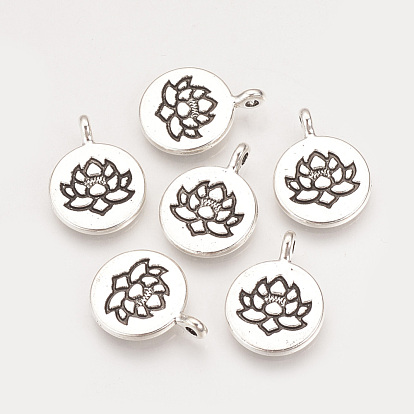 Tibetan Style Alloy Pendants, Flat Round with Lotus, Cadmium Free & Lead Free,