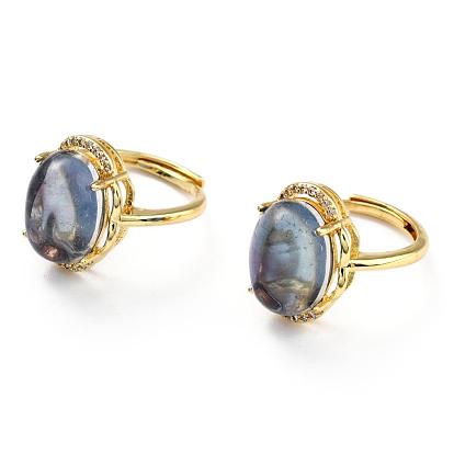 Adjustable Natural Fluorite Finger Rings, with Brass Micro Pave Cubic Zirconia Findings, Oval