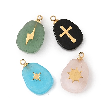 Природных драгоценных камней подвески, с 304 фурнитурой из нержавеющей стали, вакуумное покрытие pvd, овальный шарм