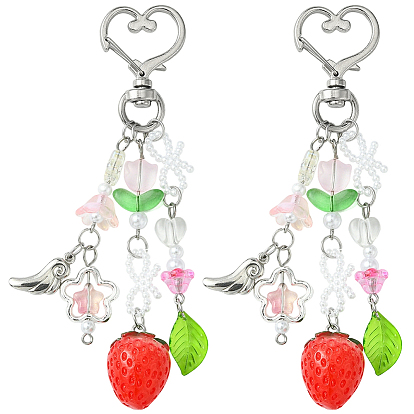 2Подвесные украшения из акрила и стекла, с поворотной застежкой-лобстером в форме сердца, для украшения сумки для ключей от машины, клубника