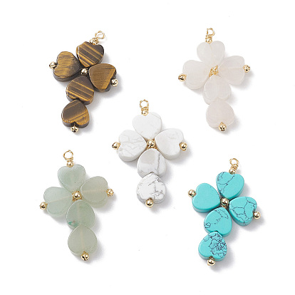 Mixed Gemstone Heart Pendants, Cross Charms with Real 18K Gold Plated Brass Round Spacer Beads