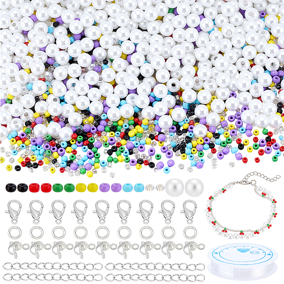 Наборы для изготовления браслетов своими руками, в том числе стеклянные бусины, медные кольца, железные концы с витыми цепочками и наконечниками из бусин, Сплав застежками когтя омара, Эластичная кристальная нить, Акриловые бусины