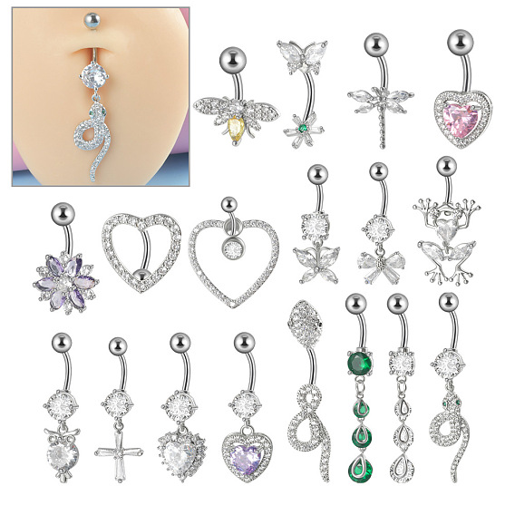 304 Кольца для пупка из нержавеющей стали с микропаве из кубического циркония, цвет нержавеющей стали