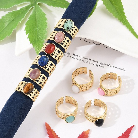 304 открытые манжеты из нержавеющей стали, овальное кольцо с натуральным драгоценным камнем для женщин, реальный 18 k позолоченный, ионное покрытие (ip)