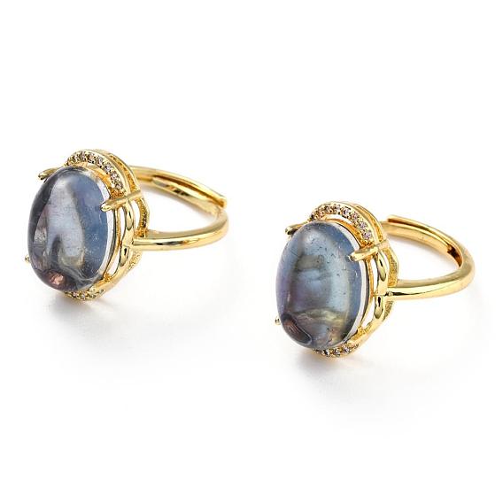 Adjustable Natural Fluorite Finger Rings, with Brass Micro Pave Cubic Zirconia Findings, Oval