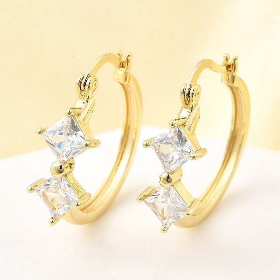 Серьги-кольца с ромбами из латуни с микропаве из прозрачных кубических цирконий, без свинца и без кадмия, долговечный, стойки покрытие