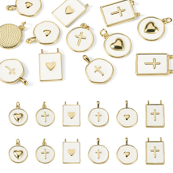12Pcs 6 Styles Brass Enamel Pendants, with Jump Ring, Flat Round Charms, Lead Free & Cadmium Free, Long-Lasting Plated, Real 18K Gold Plated, Rack Plating