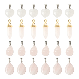 4Pcs 4 Style Natural Rose Quartz Pendants, with Tone Brass Findings & Random Alloy Pendant Hexagon Bead Cap Bails, Bullet & Heart & Teardrop
