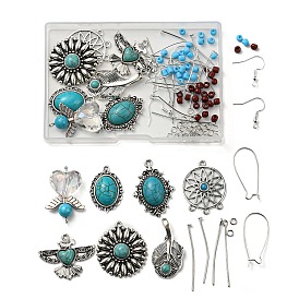 Набор для изготовления этнических сережек своими руками, в том числе подвески из сплава овал, глед, лист и ангел с синтетической бирюзой, Бисер из стекла , латунная фурнитура для хооп серег, Железные крючки для сережек