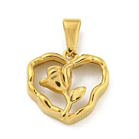 Ion Plating(IP) 304 Stainless Steel Pendants, Heart with Rose Charm