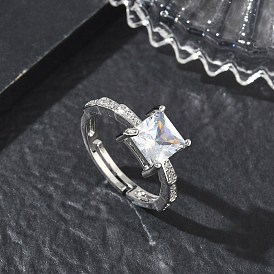 Brass & Clear Cubic Zirconia Finger Rings, Long-Lasting Plated, Square