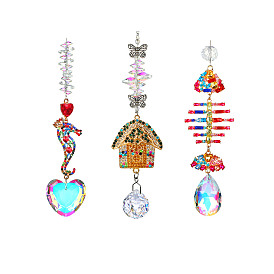 Glass Teardrop Heart Window Hanging Suncatchers, with Colorful Glass Rhinestones House Sea Horse Fishbone Pendants Decorations Ornaments