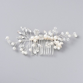 Fashionable Wedding Alloy Rhinestone Hair Combs, with Plastic Imitation Pearl, Bridal Tiaras