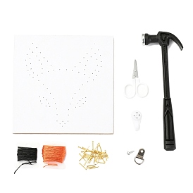 Fox Pattern DIY String Arts Kit Set, Including Hammer, Wooden Board, Plastic Holder Accessories, Alloy Nails & Screws, Scissor, Polyester Thread