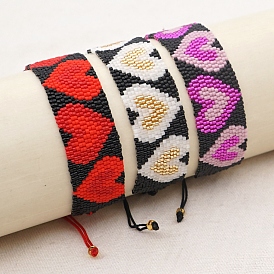 Glass Seed Braided Bead Bracelet, Wide Band with Heart Friendship Bracelet for Women