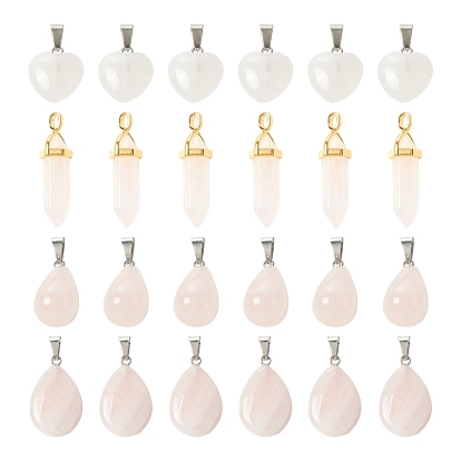 4Pcs 4 Style Natural Rose Quartz Pendants, with Tone Brass Findings & Random Alloy Pendant Hexagon Bead Cap Bails, Bullet & Heart & Teardrop