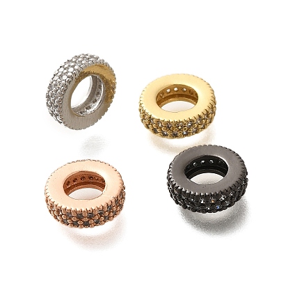 Реечное покрытие латунь микро паве прозрачный кубический цирконий европейские бусины, бусины с большим отверстием, долговечный, без свинца и без кадмия, плоско-круглые