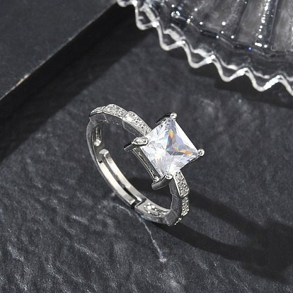 Brass & Clear Cubic Zirconia Finger Rings, Long-Lasting Plated, Square