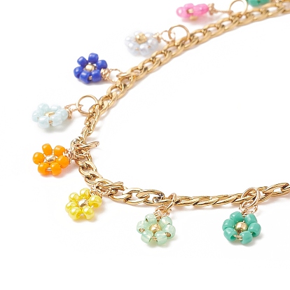 Glass Braided Flower Charm Bracelet & Necklace, Golden 304 Stainless Steel Jewelry Set for Women