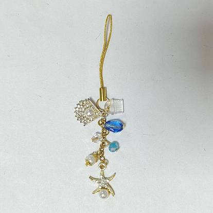 Correas para móvil de cristal y aleación con diamantes de imitación y perlas de cristal, con tapones antipolvo móviles de plástico, Tema oceánico