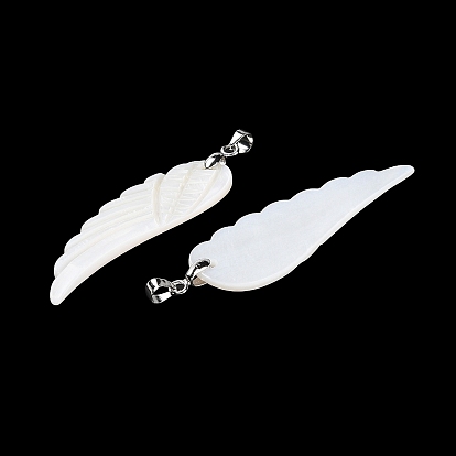 Natural Freshwater Shell Pendants, Wing Charms with Platinum Plated Brass Pinch Bails