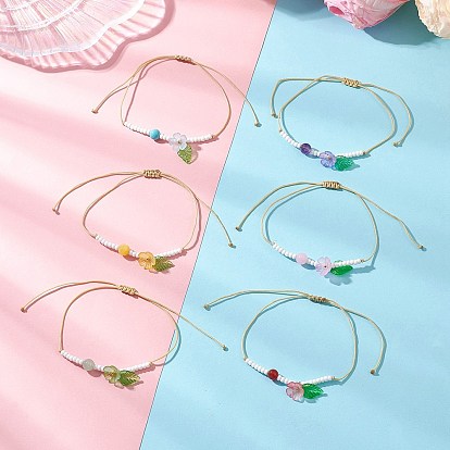 6 Браслеты из натуральных аметистов, карнеола, окрашенного желтого нефрита, зеленого авантюрина, синтетической зеленой бирюзы и стеклянного бисера с цветочным и листовым орнаментом, регулируемые плетеные браслеты шнур