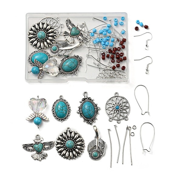 Набор для изготовления этнических сережек своими руками, в том числе подвески из сплава овал, глед, лист и ангел с синтетической бирюзой, Бисер из стекла , латунная фурнитура для хооп серег, Железные крючки для сережек