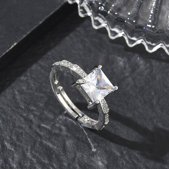 Anillos de latón y circonita cúbica transparente, larga duración plateado, plaza