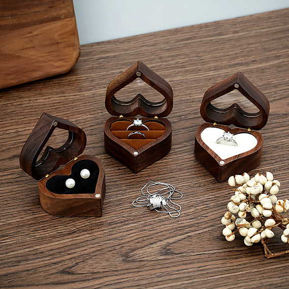 Wooden Love Heart Ring Storage Boxes, with Magnetic Clasps & Velvet Inside