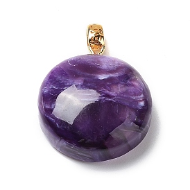 Natural Charoite Pendants, Flat Round Charms with Golden Plated 925 Sterling Silver Findings