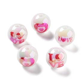 UV Plating Iridescent Acrylic Beads, AB Color, Round with Heart or Love