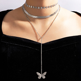 Fashionable Fishbone Chain Necklace with Butterfly Pendant and Sparkling Sequins