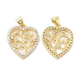 Brass Micro Pave Clear Cubic Zirconia Pendants, Heart with Tree Charms