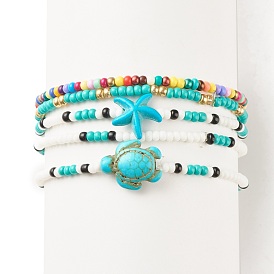5Pcs 5 Style Glass Seed Beaded Stretch Bracelets Set, Synthetic Turquoise(Dyed) Starfish and Tortoise Bracelets for Women