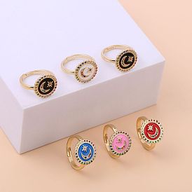 Stylish Star and Moon Oil Drop Ring for Women, 18K Gold Plated Copper with Micro Inlaid Zircon Stone