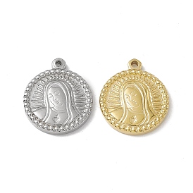 Vacuum Plating 201 Stainless Steel Charms, Flat Round with Woman Charm