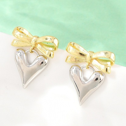 Brass Stud Earrings, Bowknot & Heart, Lead Free & Cadmium Free, Long-Lasting Plated, Rack Plating