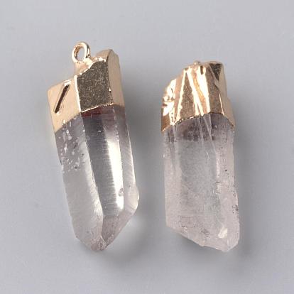 Plated Natural Quartz Crystal Pendants, with Brass Findings, Nuggets