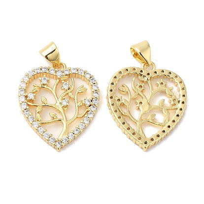 Brass Micro Pave Clear Cubic Zirconia Pendants, Heart with Tree Charms