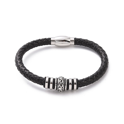 304 bracelet en perles de colonne en acier inoxydable avec fermoirs magnétiques, bracelet punk en cuir tressé noir pour hommes femmes
