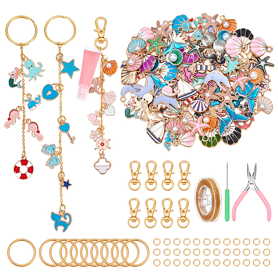 Сделай сам наборы для ключей, включая стальные плоскогубцы с тонкими губками, железный шарик шила, сплав поворотный Lobster Claw застежками, железные кабельные цепи с латунным покрытием, 304 кольца прыжок из нержавеющей стали, Подвески из эмали и сплава