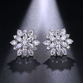 Stunning Snowflake Flower Diamond CZ Stud Earrings for Women's Wedding
